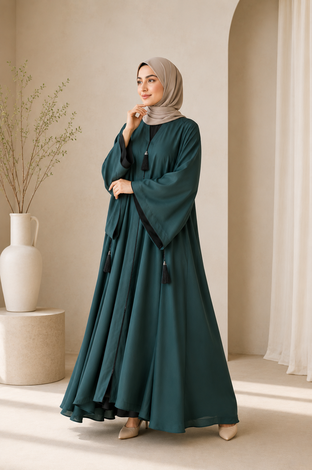 Forest Green Flowy Abaya with Tassel Details | Daily Wear Maxi Dress