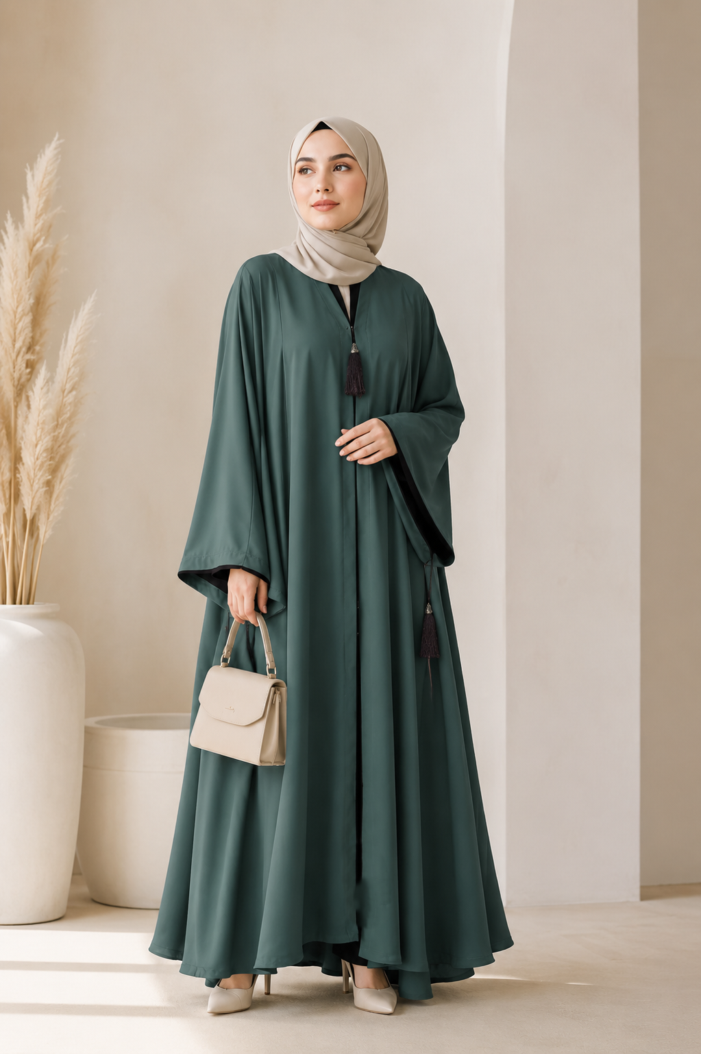 Forest Green Flowy Abaya with Tassel Details | Daily Wear Maxi Dress
