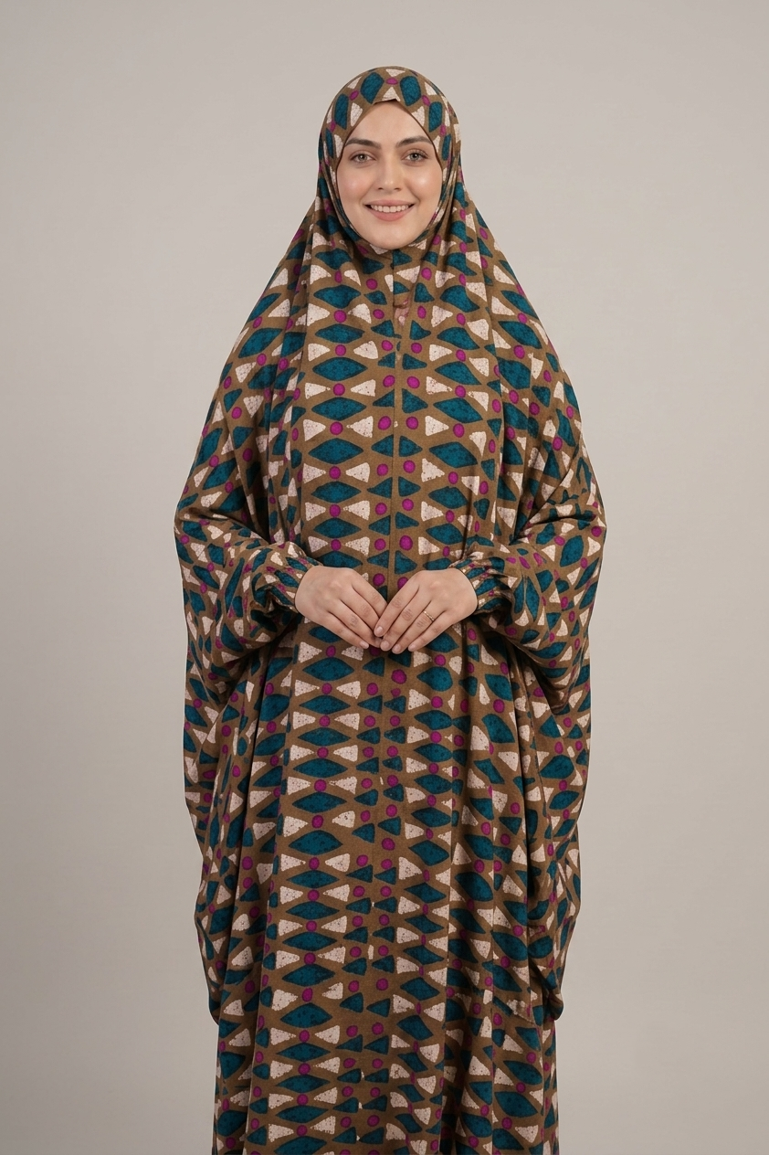 Premium Earthy Brown Geometric Print Namaz Chaddar – Full Coverage  Prayer Dress for Women