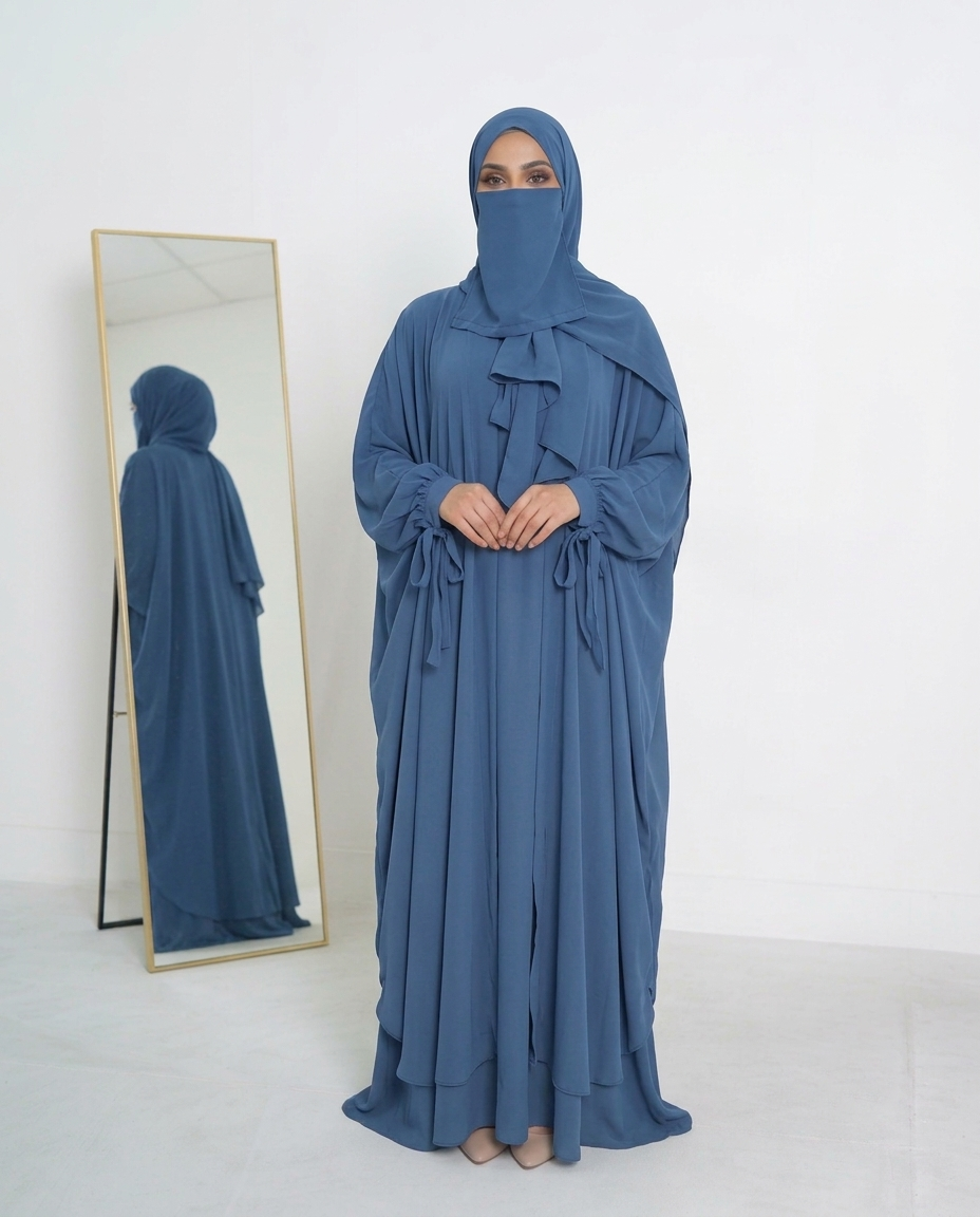 Mulaabis Dusty Blue Butterfly Abaya with Matching Niqab & Hijab Set
