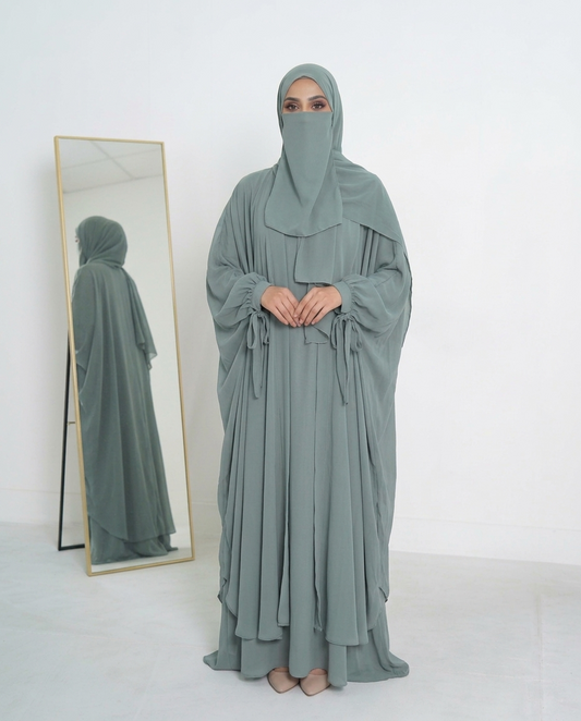 Mulaabis Sage Green Butterfly Abaya with Matching Niqab & Hijab Set