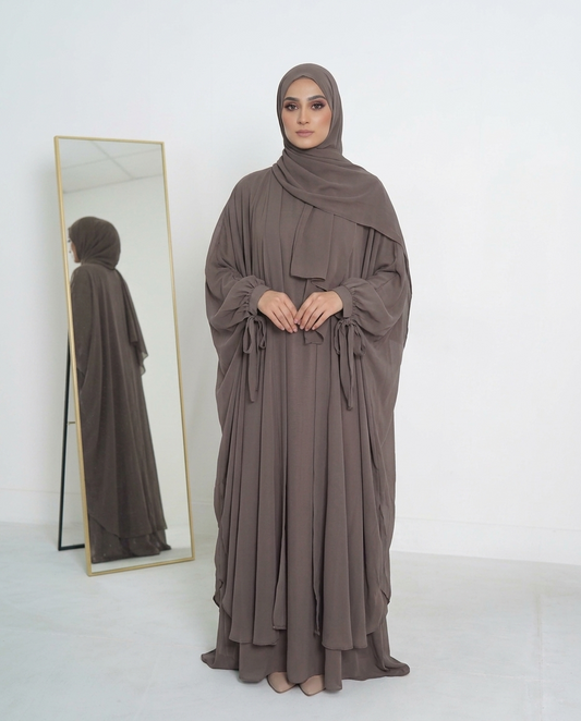 Mulaabis Taupe Brown Butterfly Abaya with Matching Hijab Set