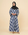 Classic Blue & White Plaid Maxi Abaya | Diagonal Tartan Print Modest Dress