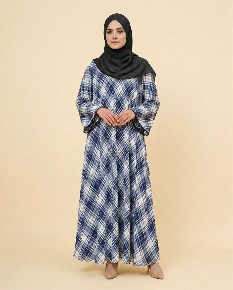 Classic Blue & White Plaid Maxi Abaya | Diagonal Tartan Print Modest Dress