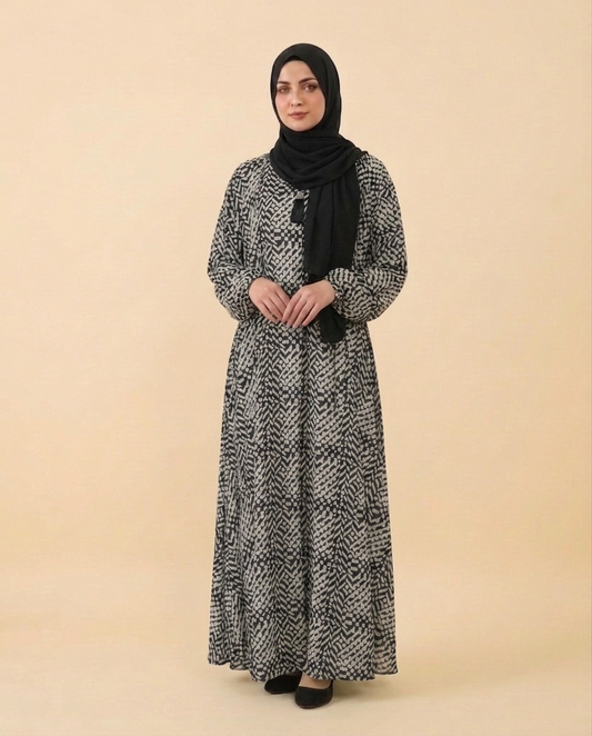 Elegant Black & White Nida Georgette Maxi Abaya with Geometric Print