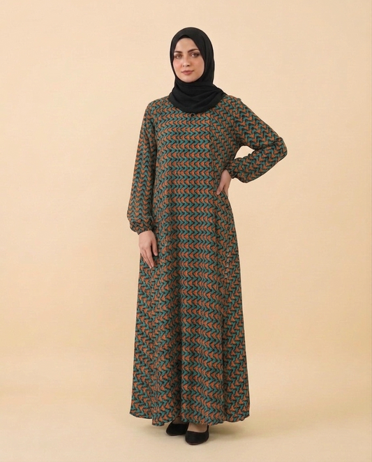 Geometric Print Kimono Dress | Vibrant Orange & Teal Zig Zag Maxi Abaya