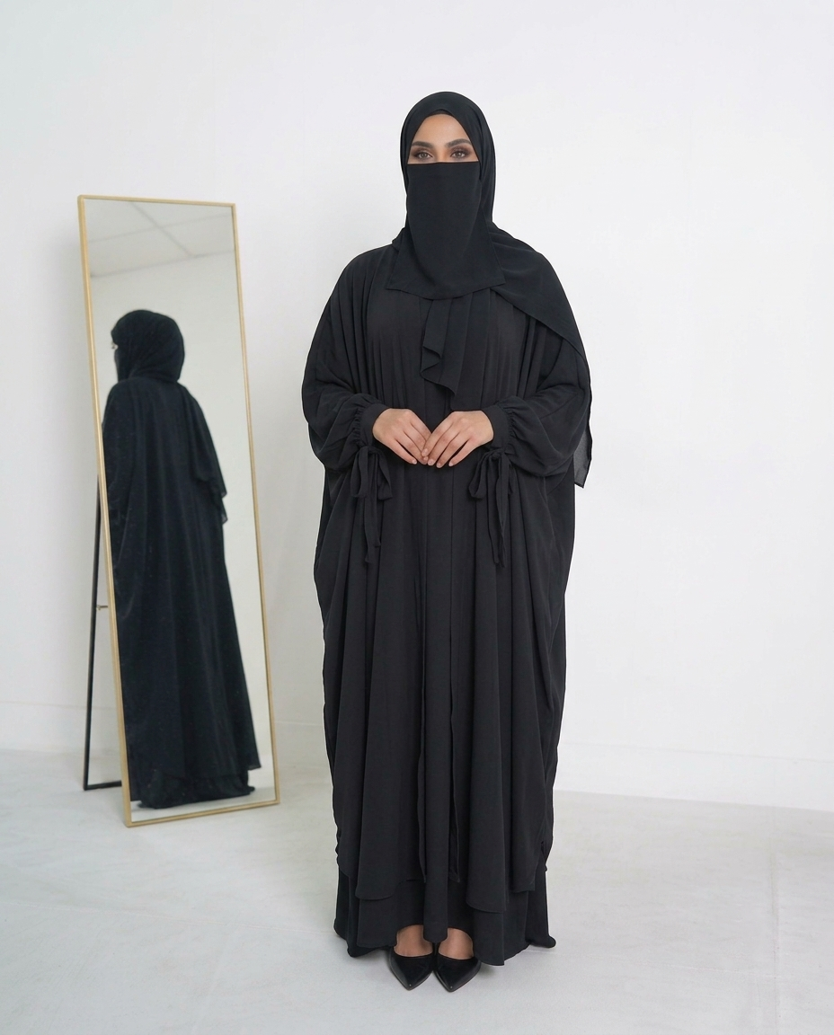 Mulaabis Classic Black Butterfly Abaya with Matching Niqab & Hijab Set