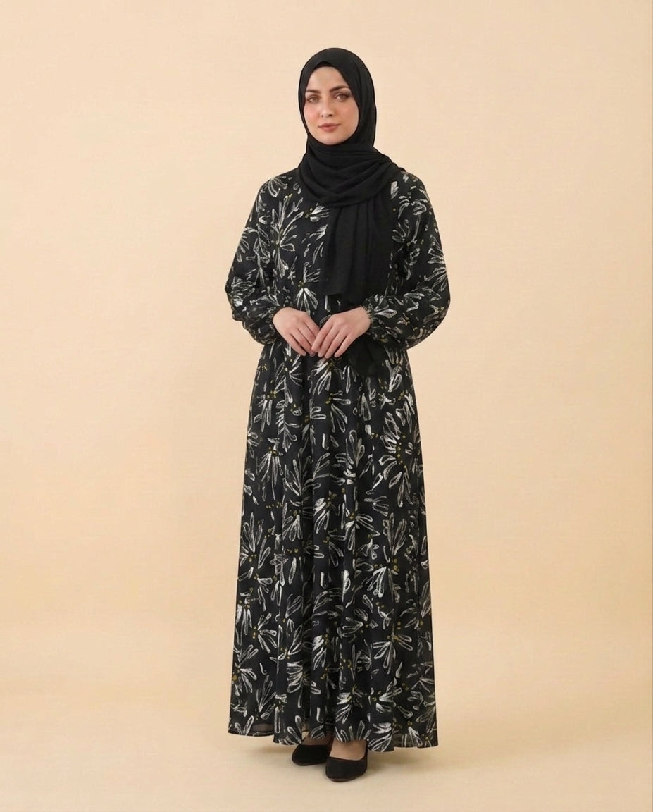 Monochrome Abstract Floral Maxi Abaya | Black & White Sketch Print Modest Dress