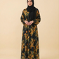 Dark Floral Fruit Print Maxi Abaya for Women – Rich Amber Black Modest Kimono Dress