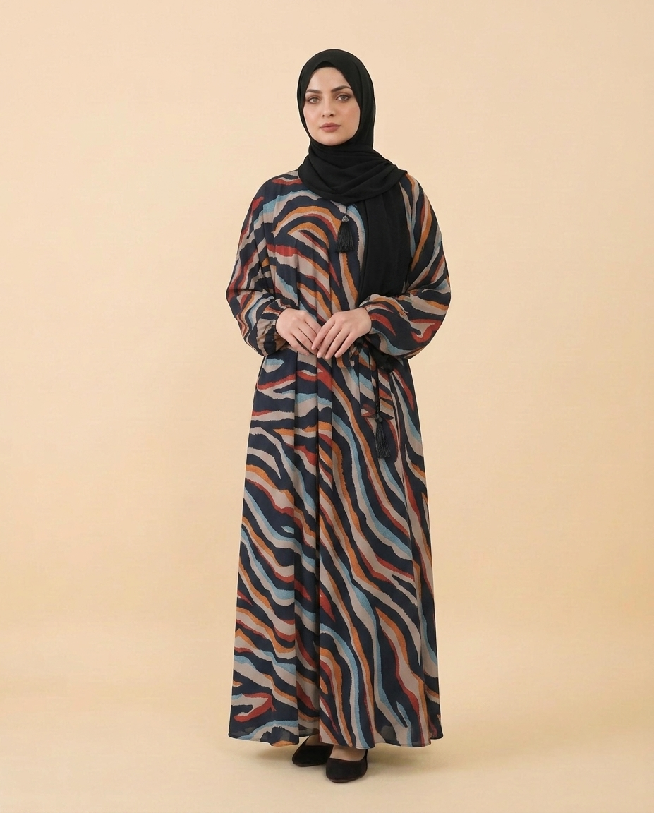 Flowy Multicolor Wave Printed Nida Georgette Abaya for Modest Style
