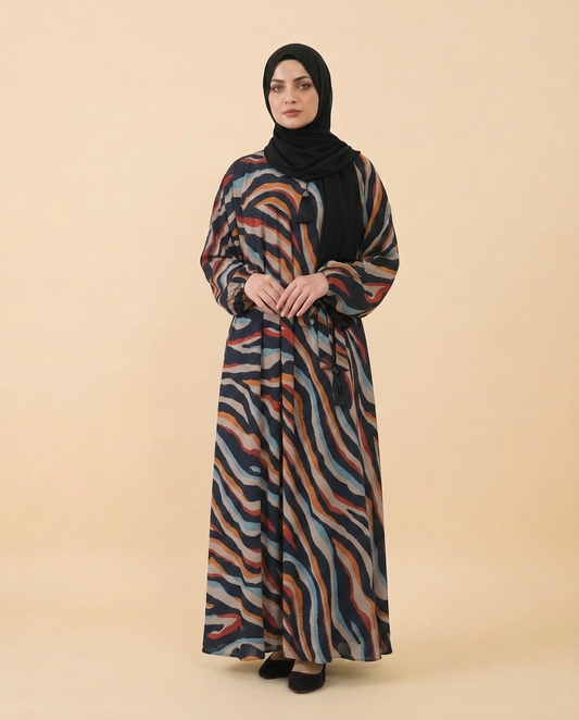 Flowy Multicolor Wave Printed Nida Georgette Abaya for Modest Style