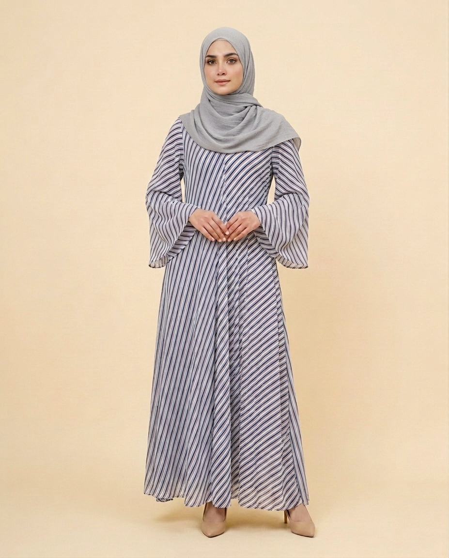 Chiffon Striped Blue & Red Ruffled double sided Maxi Dress | Elegant Cap Sleeve Abaya