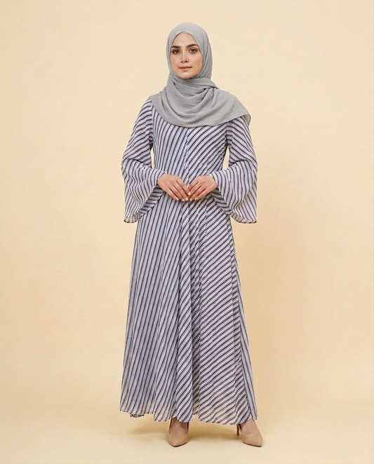 Chiffon Striped Blue & Red Ruffled double sided Maxi Dress | Elegant Cap Sleeve Abaya