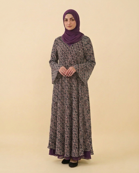 Dark Floral Print Maxi Dress | Berry & Cream Ditsy Flower Abaya with Flared Cuff