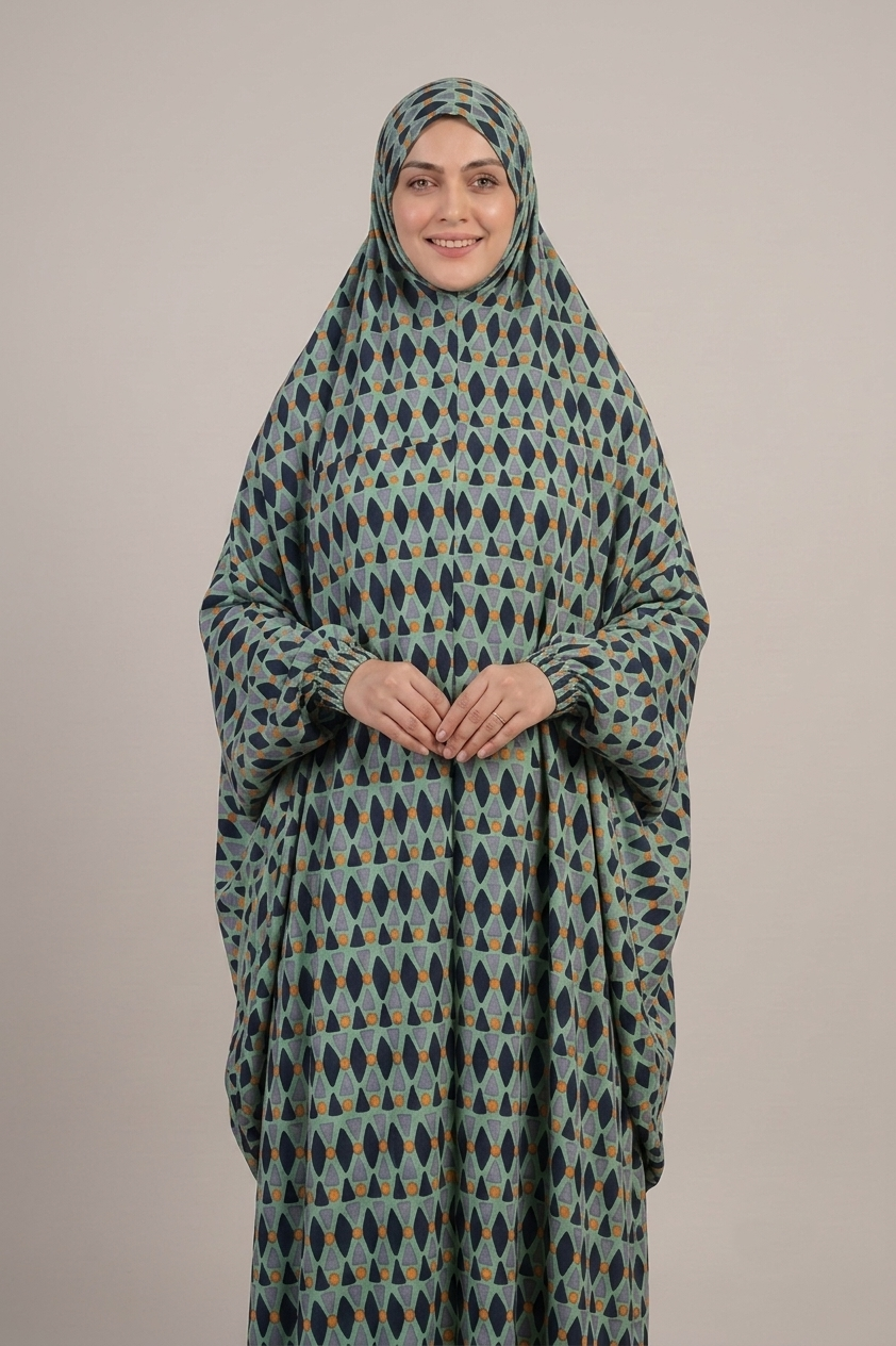 Premium Sage Green Geometric Print Namaz Chaddar – Full Coverage Prayer Dress for Women