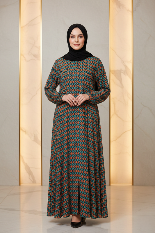 Geometric_Print_Kimono_Dress_Vibrant_Orange_Teal_Zig_Zag_Maxi_Abaya