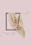 Beige scarf draped over a black frame on a pink background with musical notes.