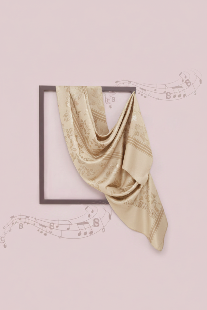Beige scarf draped over a black frame on a pink background with musical notes.