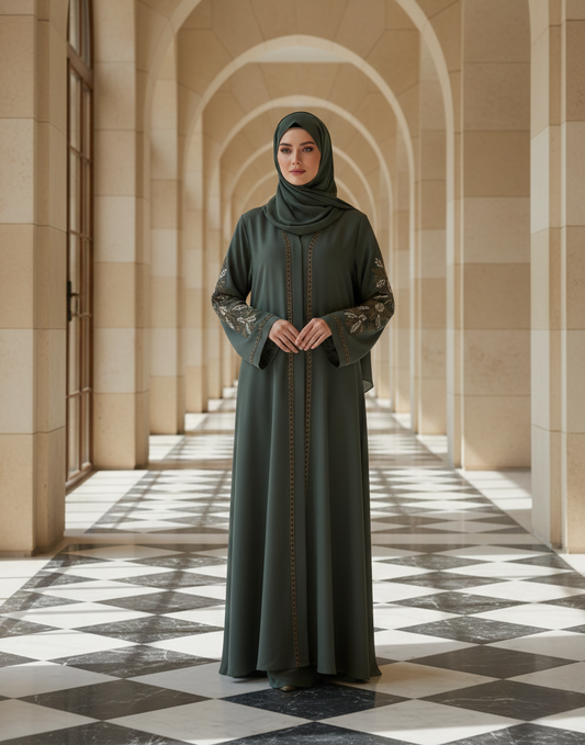 Woman in a long dark green Abaya standing in a sunlit hallway with arched columns.