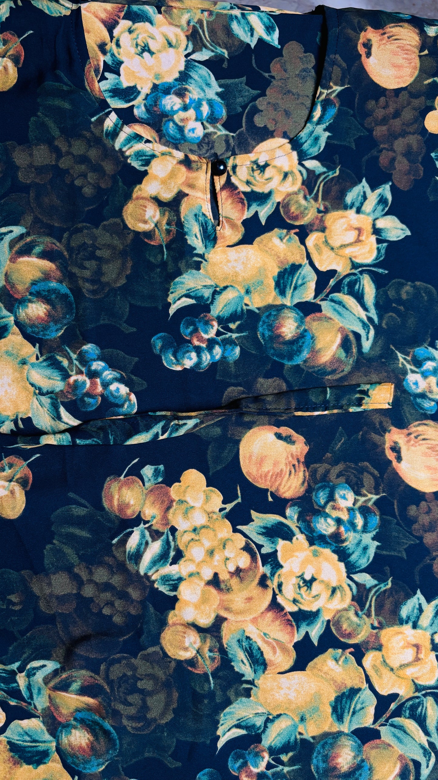 Dark Floral Fruit Print Maxi Abaya for Women – Rich Amber Black Modest Kimono Dress