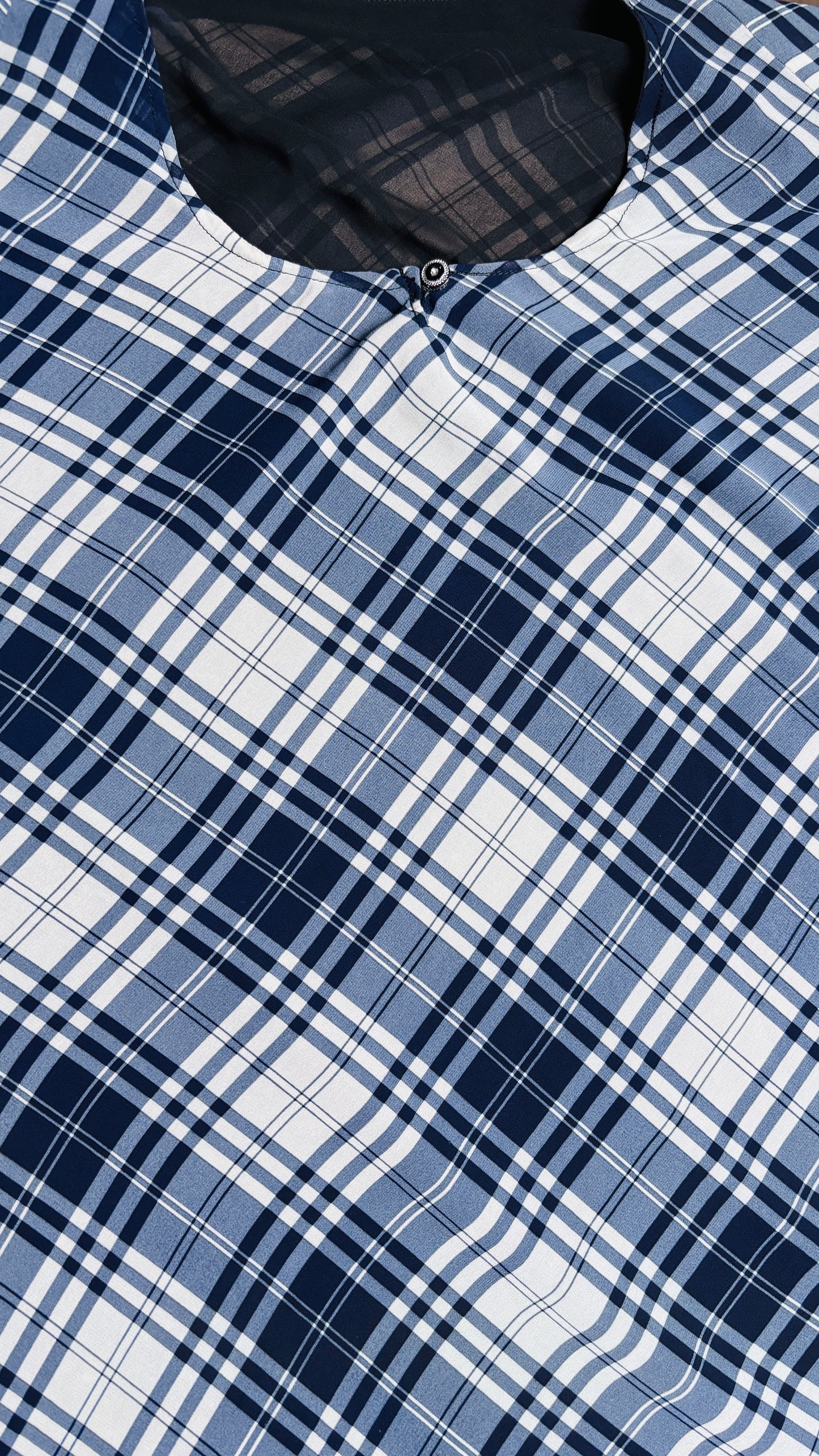 Classic Blue & White Plaid Maxi Abaya | Diagonal Tartan Print Modest Dress