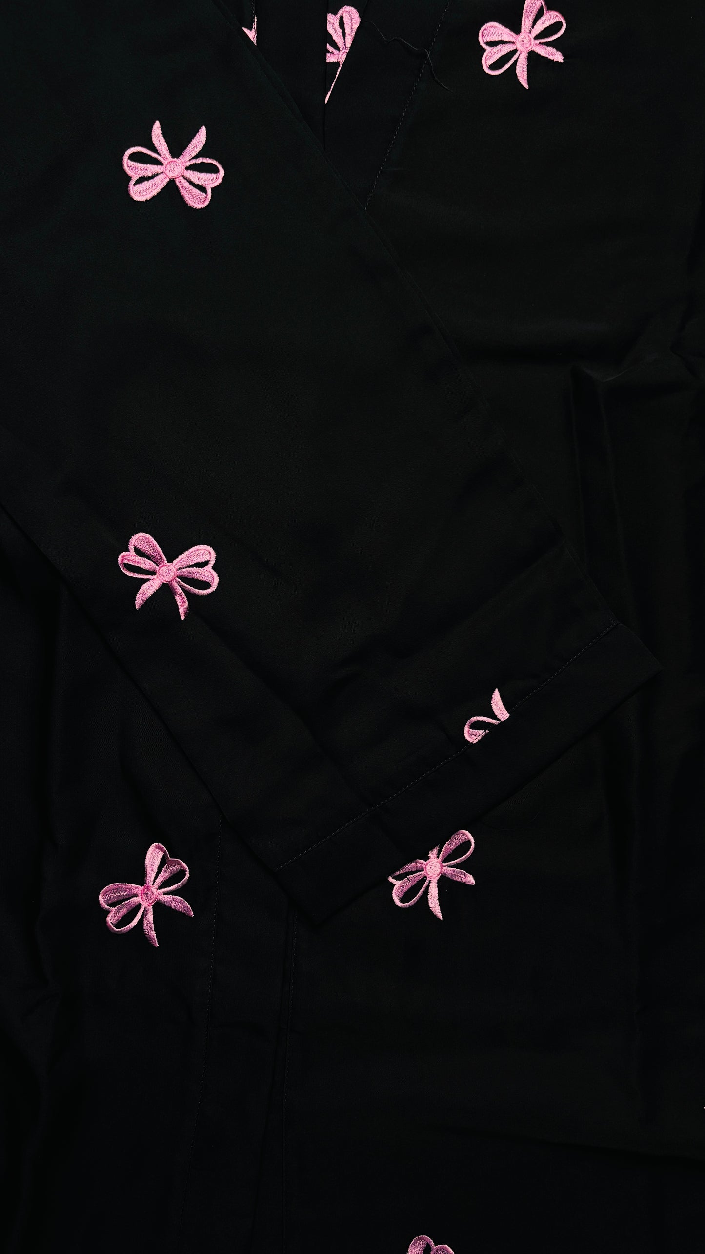Charming Black Open Abaya with Pink Bow Embroidery Detail