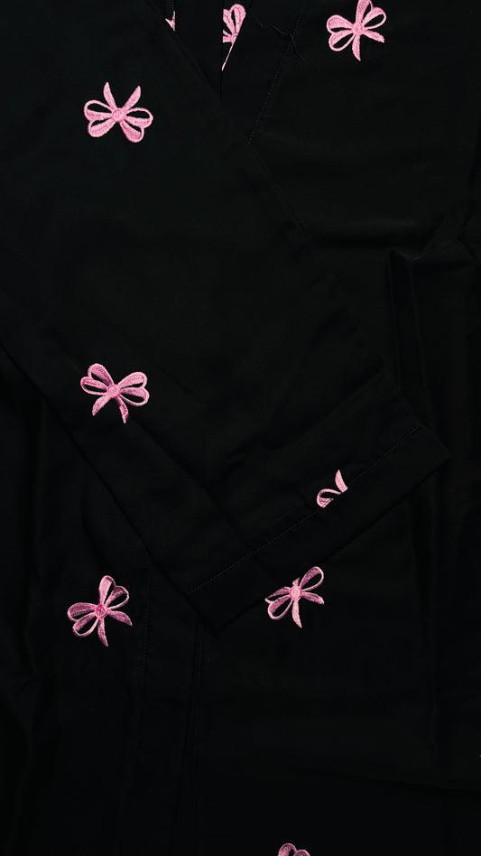 Charming Black Open Abaya with Pink Bow Embroidery Detail