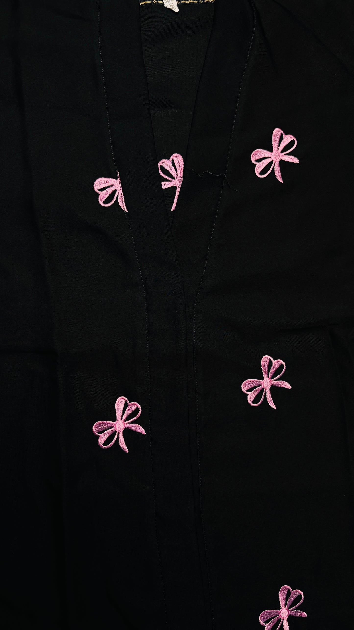 Charming Black Open Abaya with Pink Bow Embroidery Detail