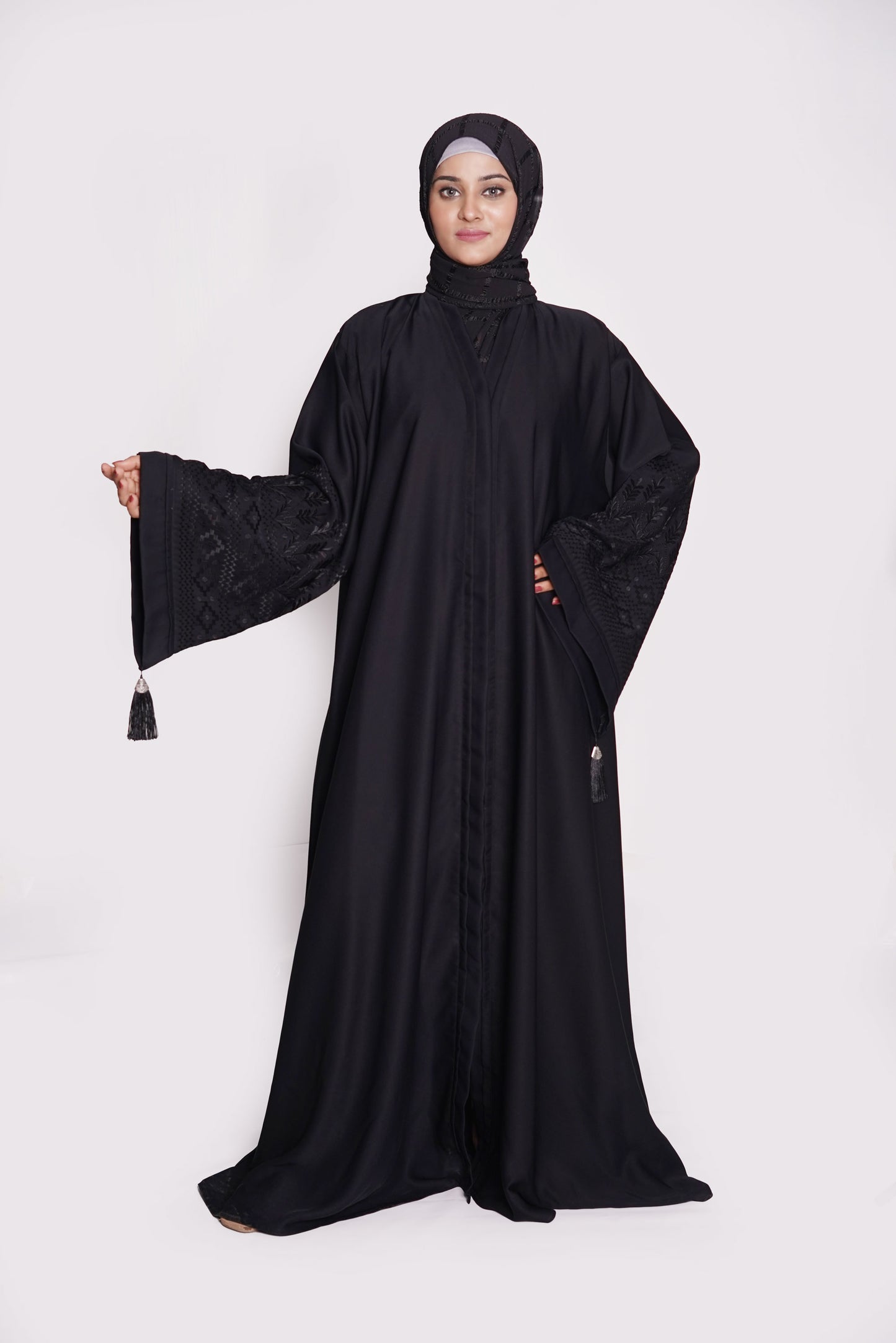 Jet Black Embroidered Nida Abaya