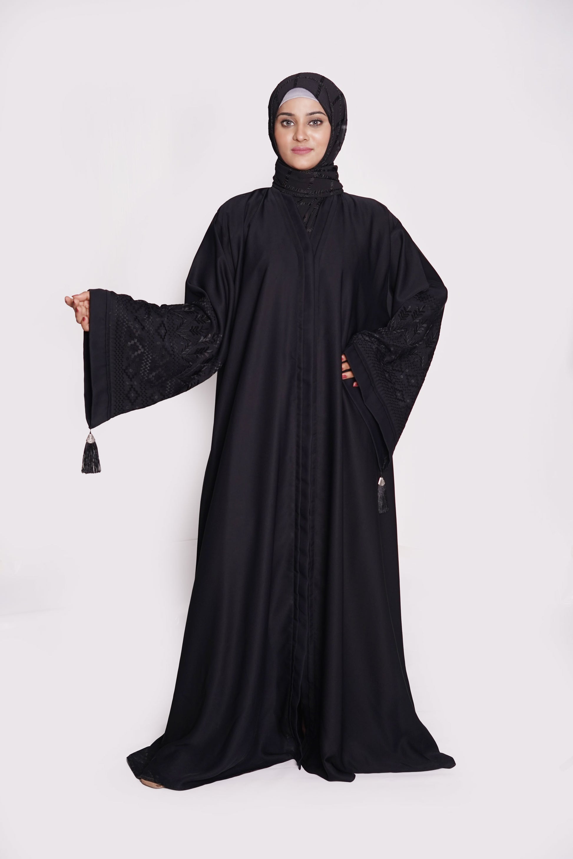 Jet Black Embroidered Nida Abaya