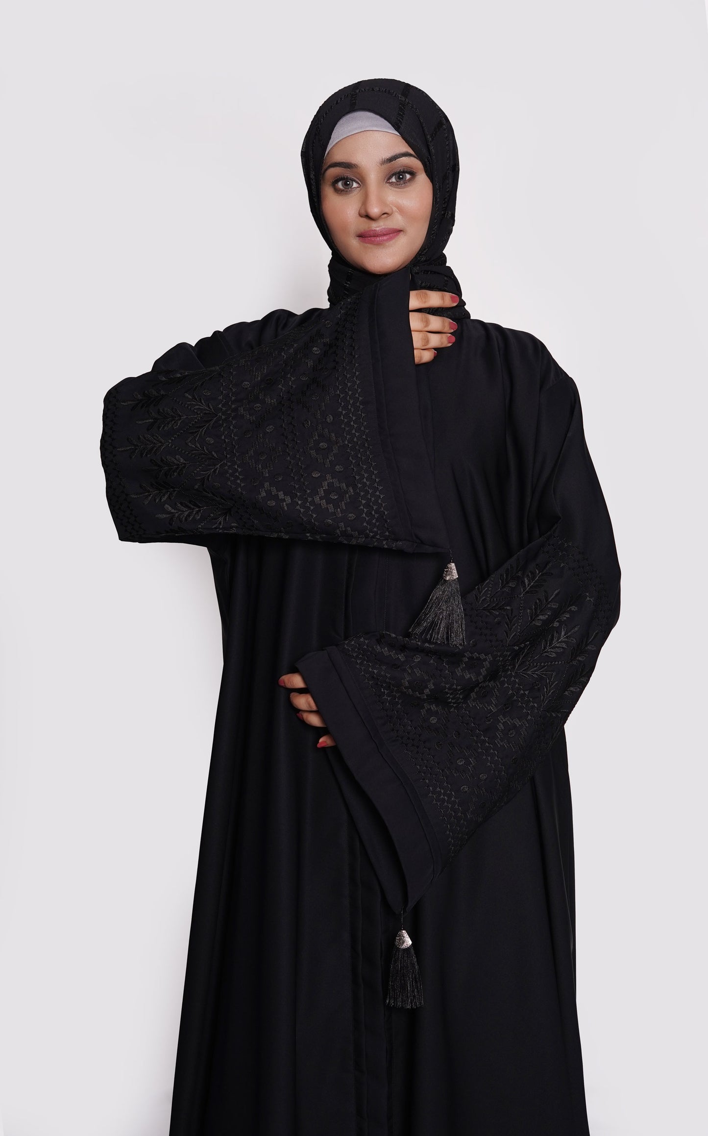 Jet Black Embroidered Nida Abaya