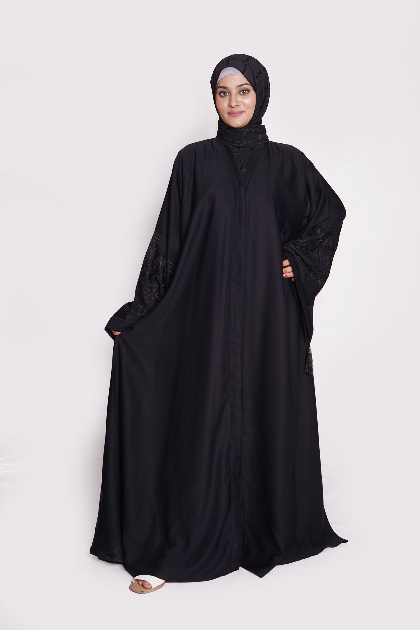 Jet Black Embroidered Nida Abaya