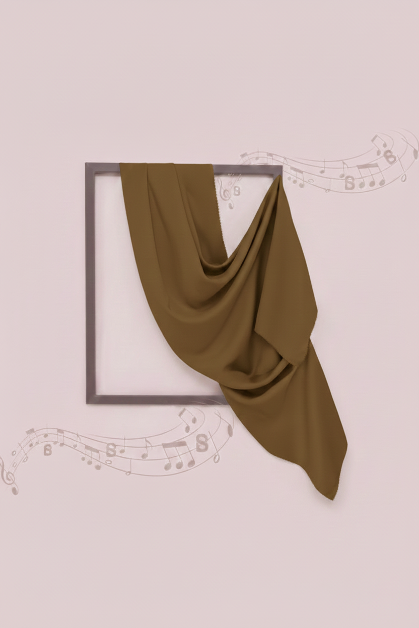 Brown fabric draped over a black frame on a light pink background with musical notes.