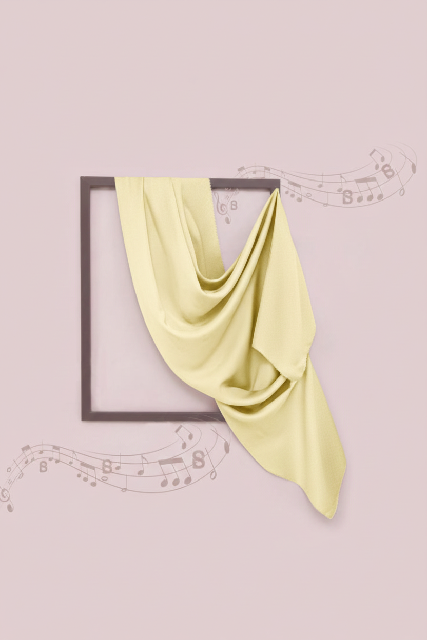 Yellow fabric draped over a black frame on a pink background with musical notes.