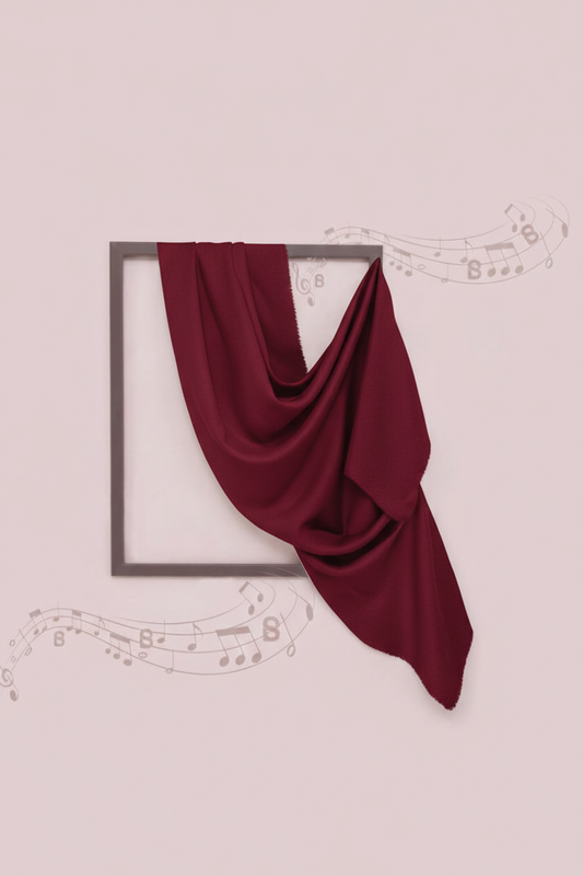 Burgundy fabric draped over a black frame on a light pink background