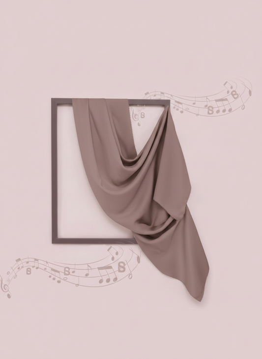 Brown fabric draped over a black frame on a light pink background with musical notes.