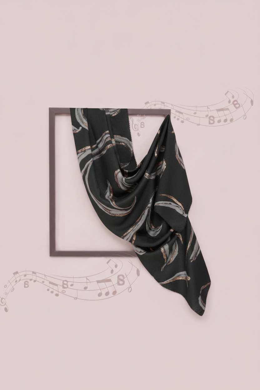 Black scarf with white patterns on a light pink background
