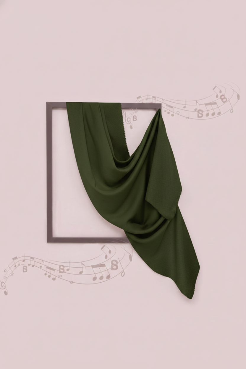 Green fabric draped over a decorative frame on a light pink background