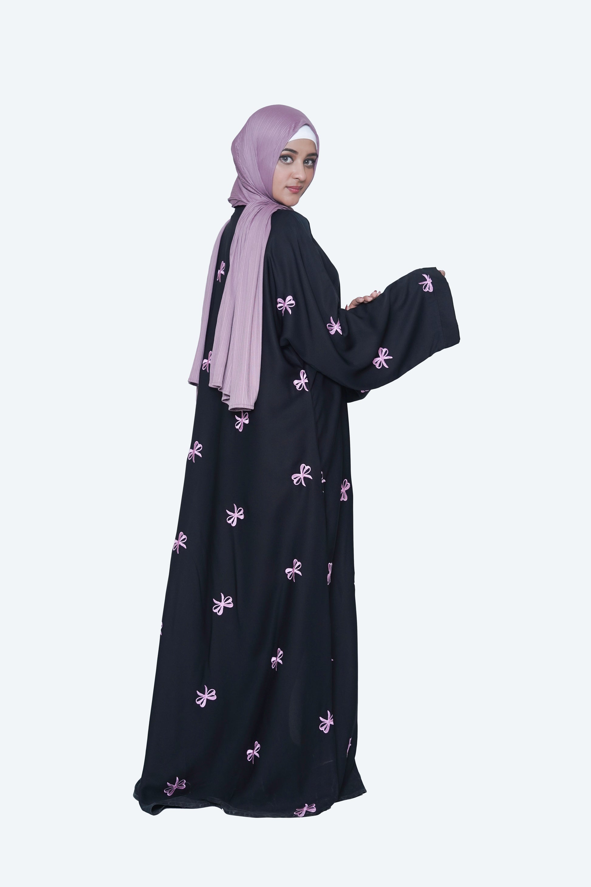  black abaya with pink floral patterns