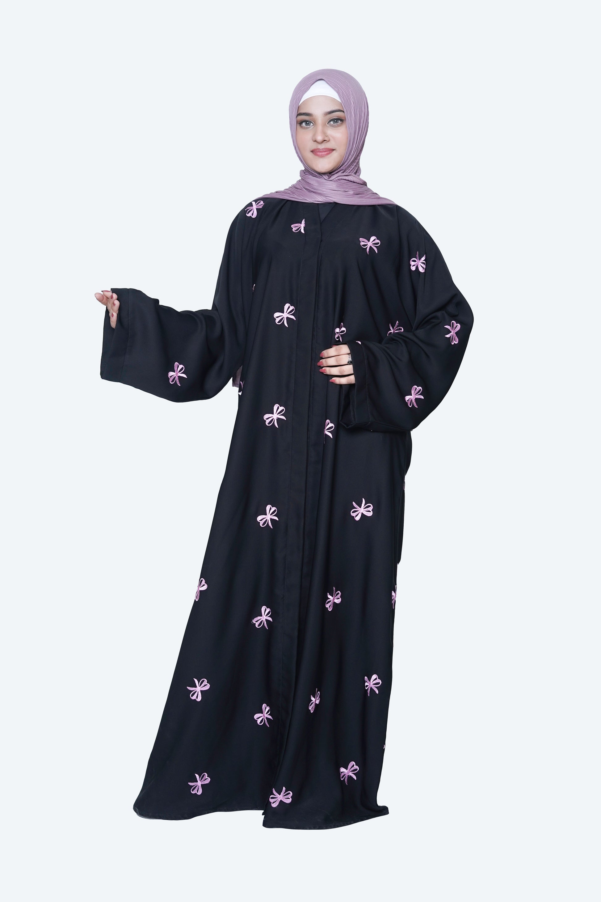 Open Black Abaya with floral patterns