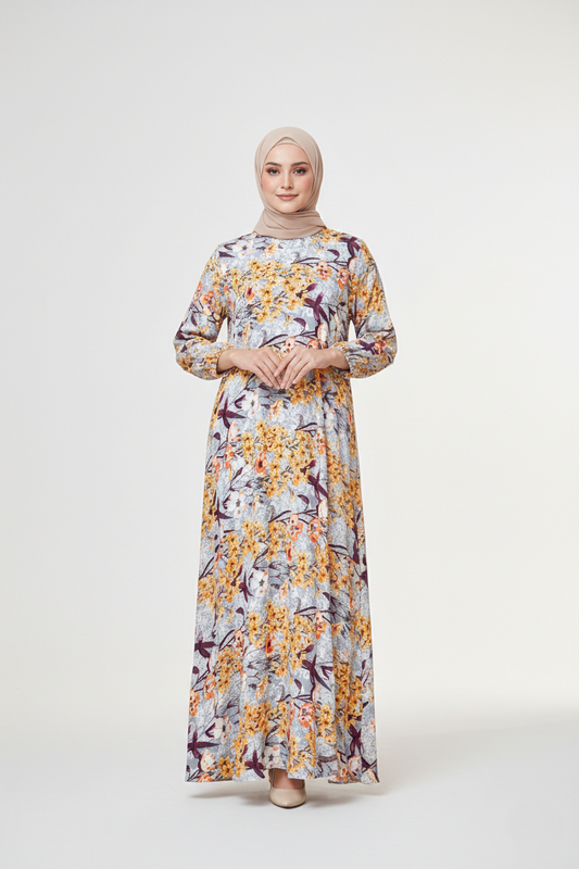 Woman wearing a floral dress with a plain background