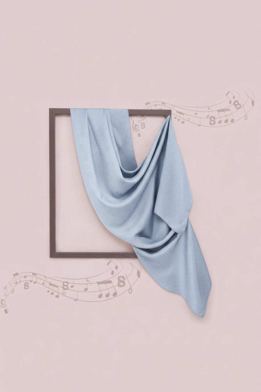Blue fabric draped over a framed picture on a pink background