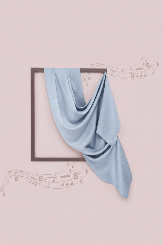 Blue fabric draped over a framed picture on a pink background