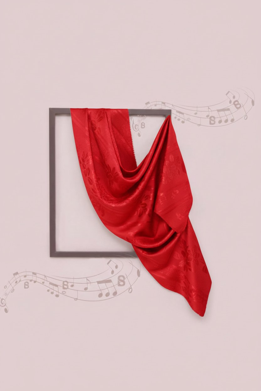 Red fabric draped over a rectangular frame on a light pink background with decorative elements.