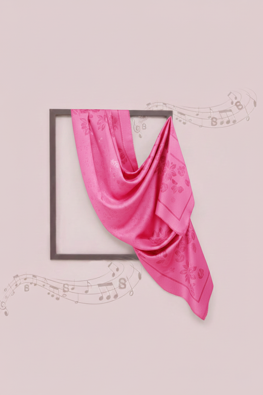 Pink scarf draped over a framed picture on a light pink background