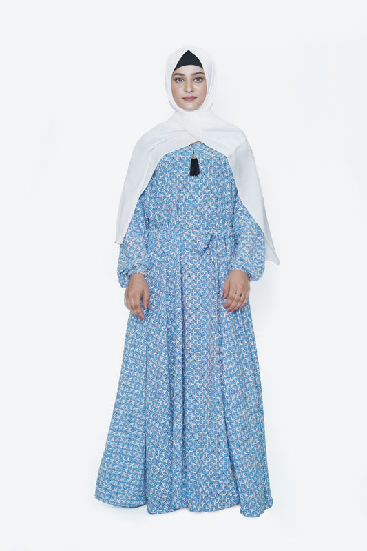 Sky Blue Printed Nida Georgette Maxi Abaya