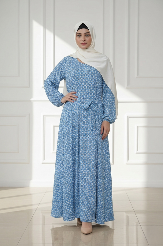 Sky Blue Printed Nida Georgette Maxi Abaya