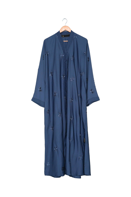 Slate Blue Abaya with Floral Embroidery
