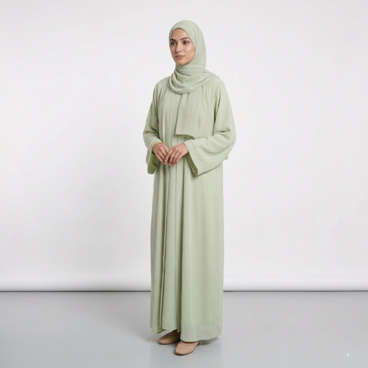 Soft Pistachio Green Open Abaya with matching Hijab | Essential Drape Kimono Cardigan | Modest Solid Colour Cover-Up