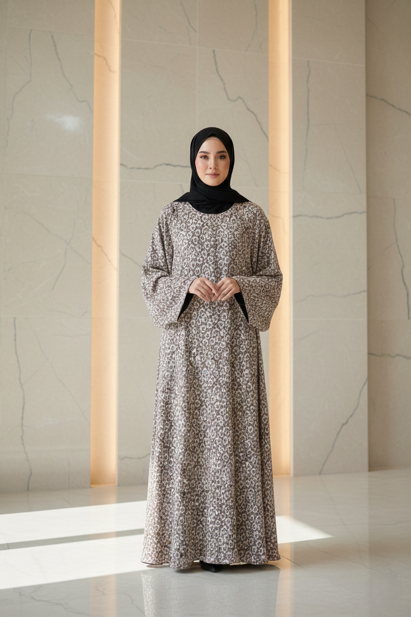 Taupe_Cream_Ditsy_Floral_Print_Abaya_Modest_Long_Sleeve_Everyday_Maxi_Dress